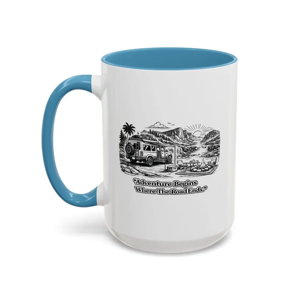 Accent Coffee Mug (11, 15oz) — "Adventure Begins Where The Road Ends" Design Minimal-Line