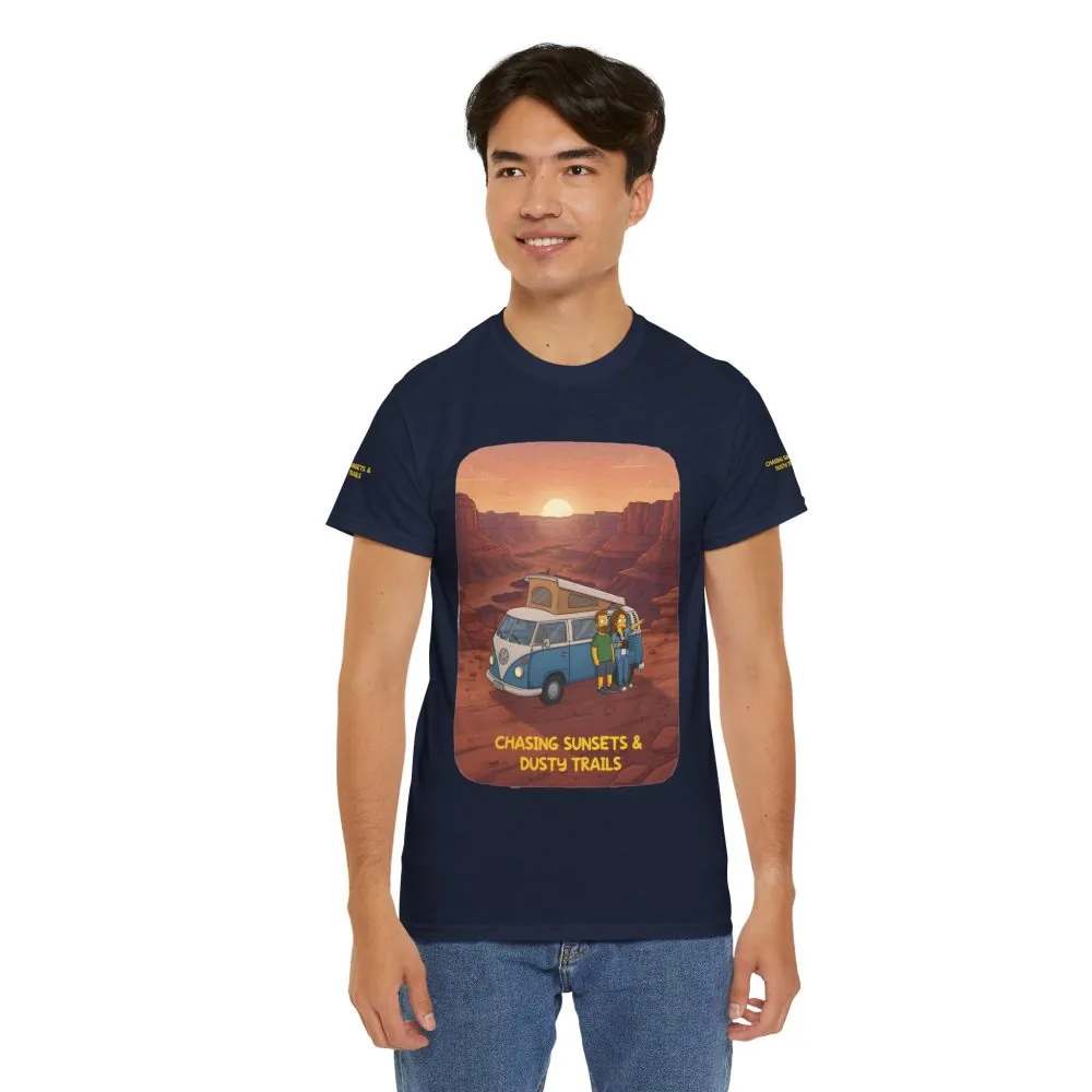 Unisex Heavy Cotton Tee — "Chasing Sunsets And Dusty Trails" Design Sitcom-Line