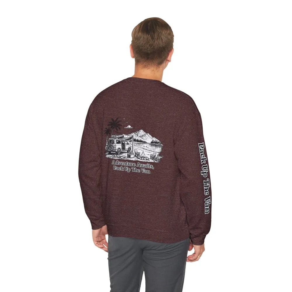 Unisex Heavy Blend™ Crewneck Sweatshirt — "Adventure Awaits,Pack Up The Van" Design Minimal-Line