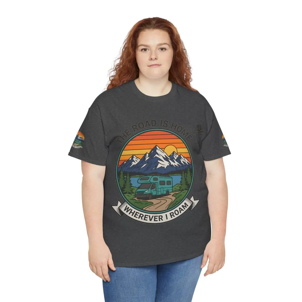 Unisex Heavy Cotton Tee  — 'The Road Is Home, Wherever I Roam' Retro Camper Tee