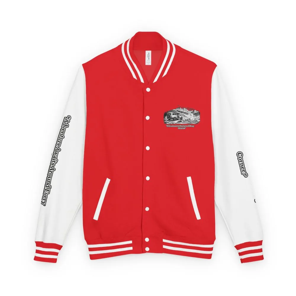 Unisex Heavyweight Letterman Jacket — "Adventure Awaits Around Every Corner" Travel Varsity Coat
