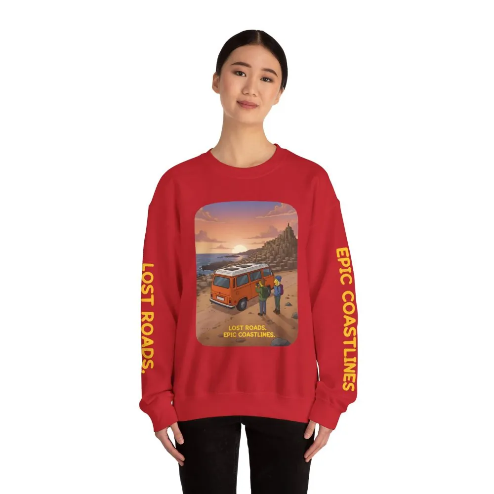 Unisex Heavy Blend™ Crewneck Sweatshirt — "Lost Roads Epic Coastlines" Design Sitcom-Line
