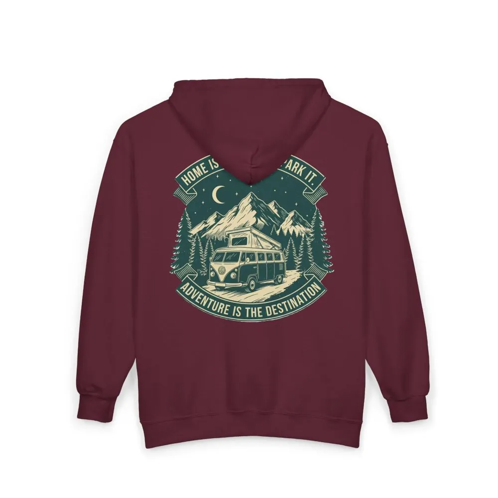 16138113501585312798_2048.jpeg Zip Hoodie — "Home Is Where You Park It-Adventure is the destination"(Front + Back Printed) Camper Van Adventure Zip-Up