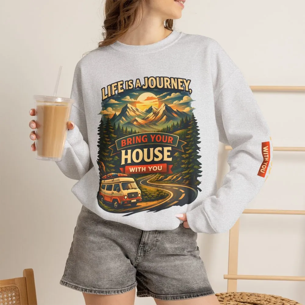 Unisex Heavy Blend™ Crewneck Sweatshirt — "Live Is A Journey-Bring Your House With You" Design Scenic-Line