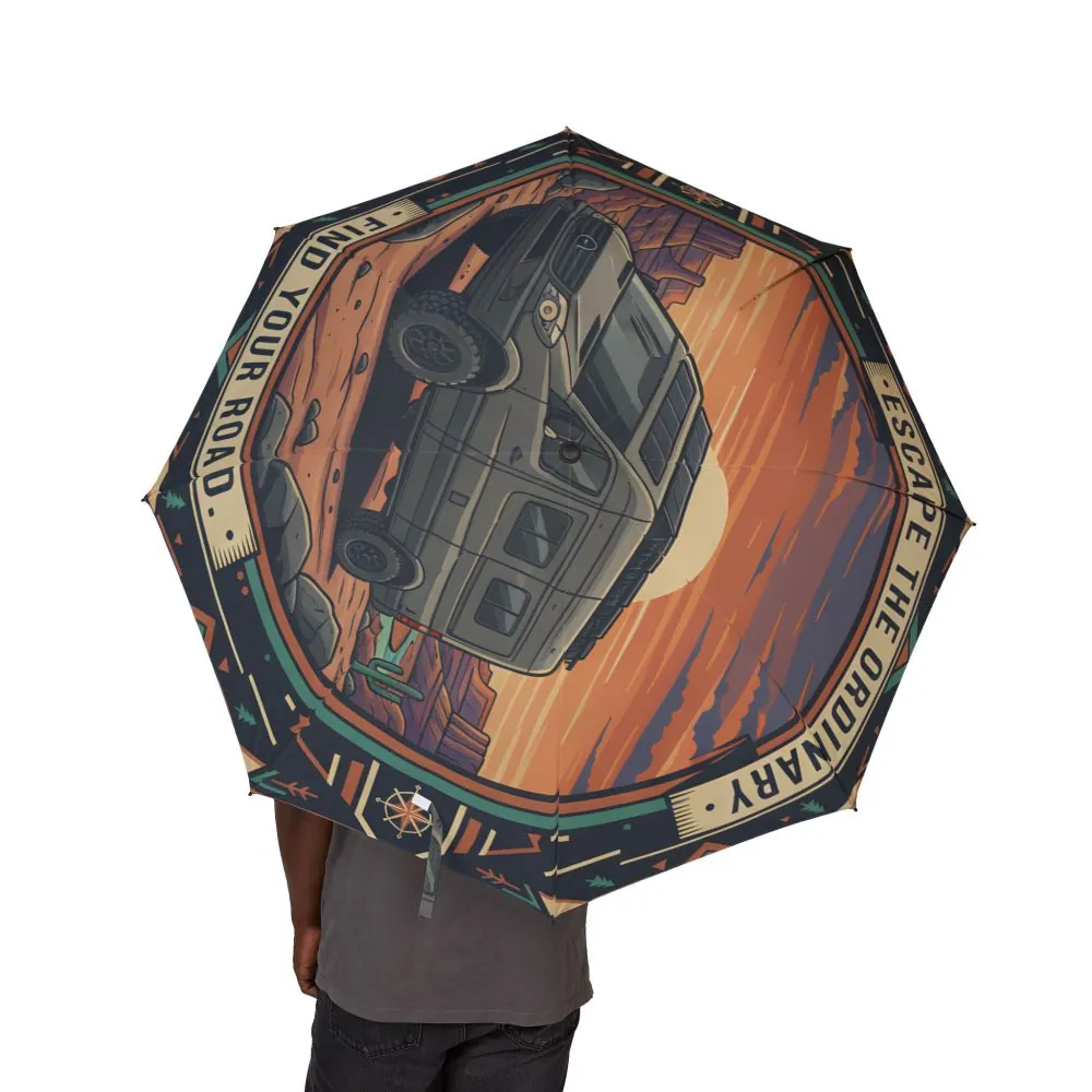 Semi-Automatic Foldable Umbrella — "Escape The Ordinary Find Your Road" Vintage Adventure Print