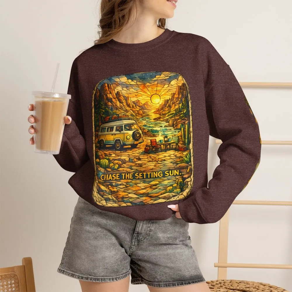 Unisex Heavy Blend™ Crewneck Sweatshirt — "Chase The Settings Sun" Design Cubic-Line