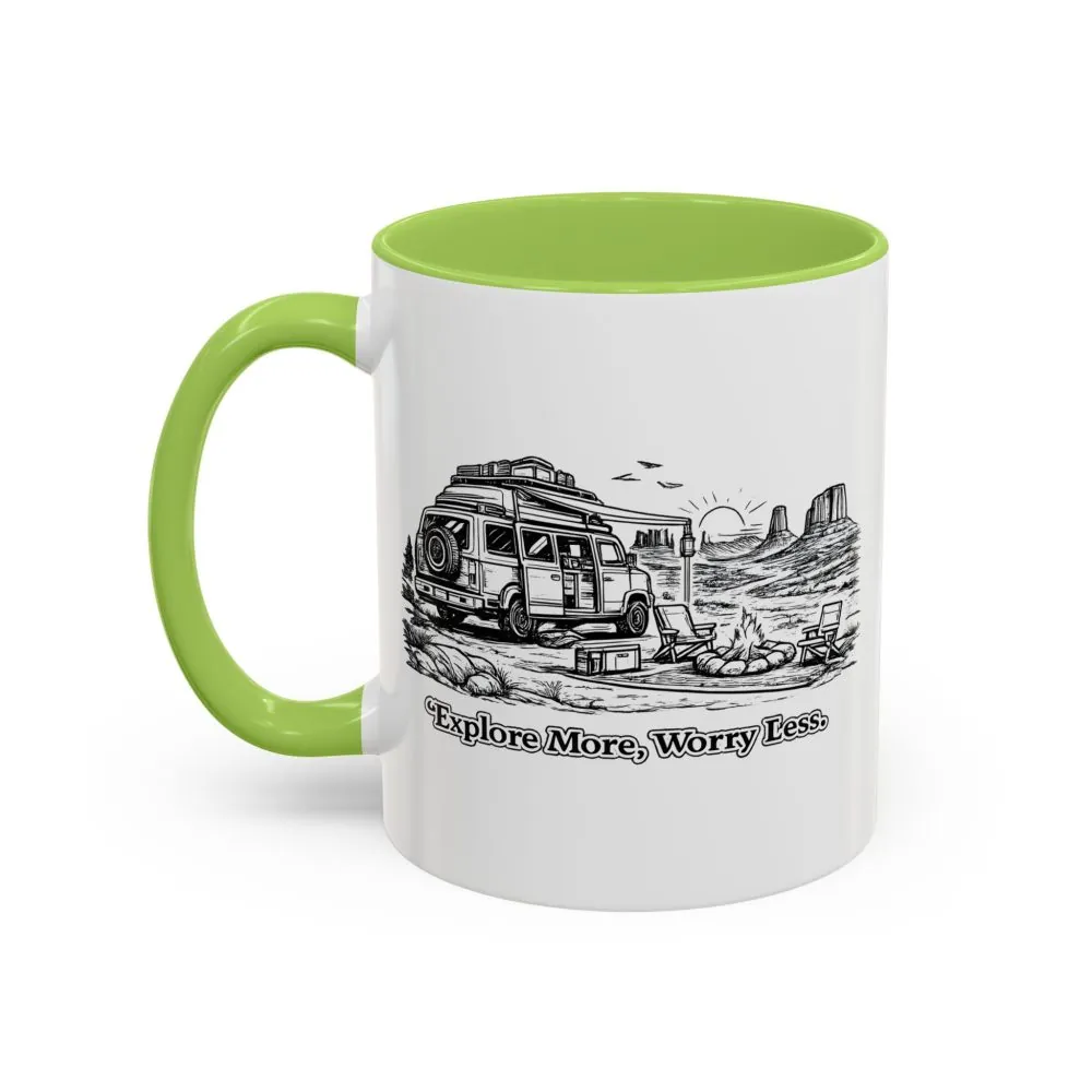 Accent Coffee Mug (11, 15oz) — "Explore More Worry Less" Design Minimal-Line