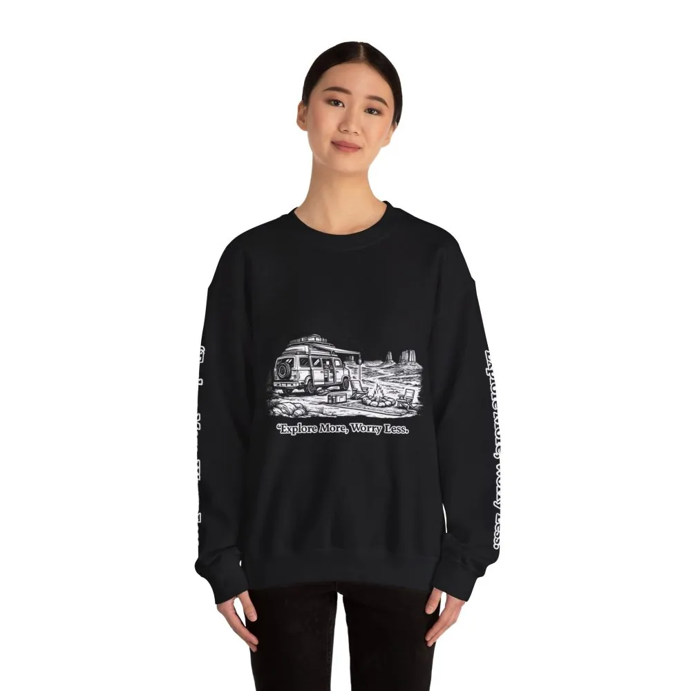 Unisex Heavy Blend™ Crewneck Sweatshirt — "Explore More Worry Less" Design Minimal-Line