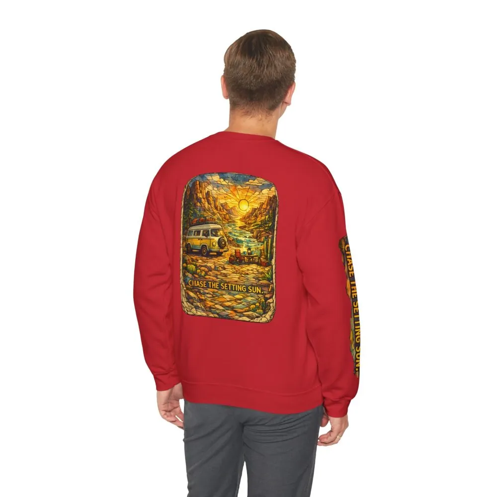 Unisex Heavy Blend™ Crewneck Sweatshirt — "Chase The Settings Sun" Design Cubic-Line
