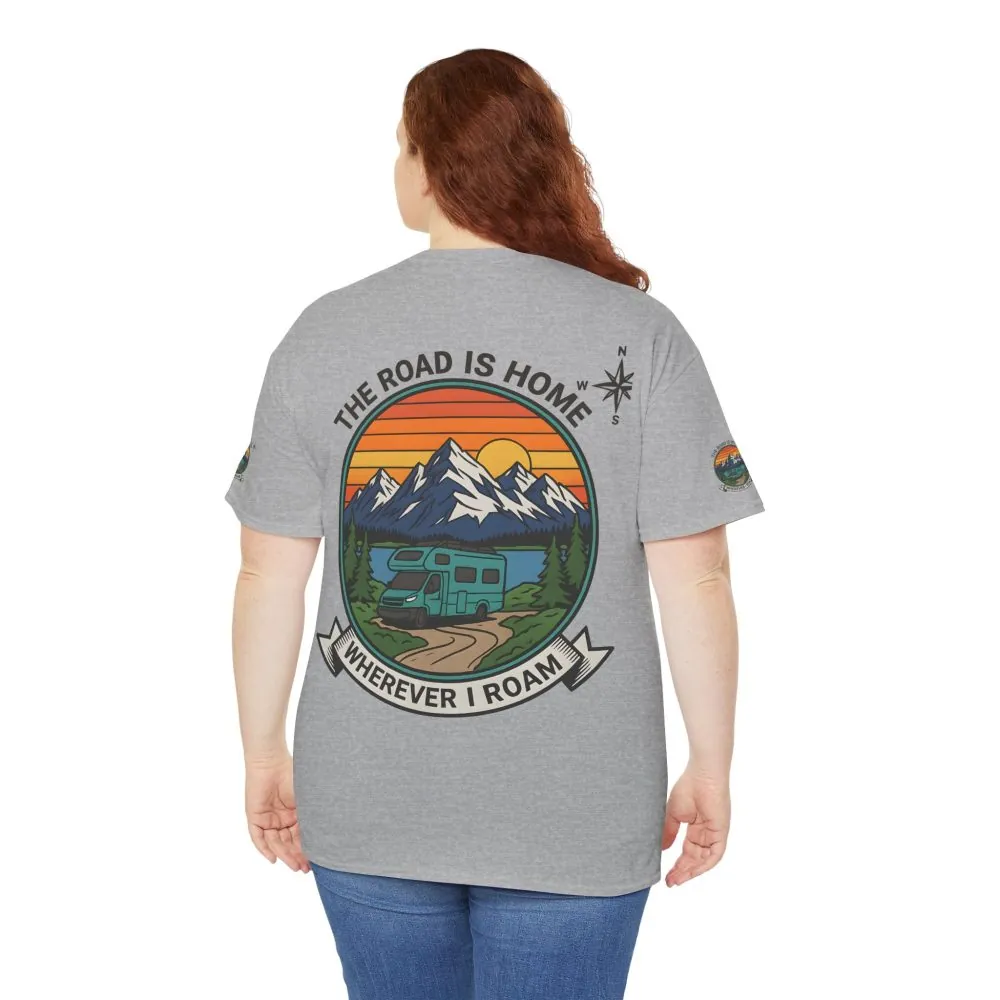 Unisex Heavy Cotton Tee  — 'The Road Is Home, Wherever I Roam' Retro Camper Tee