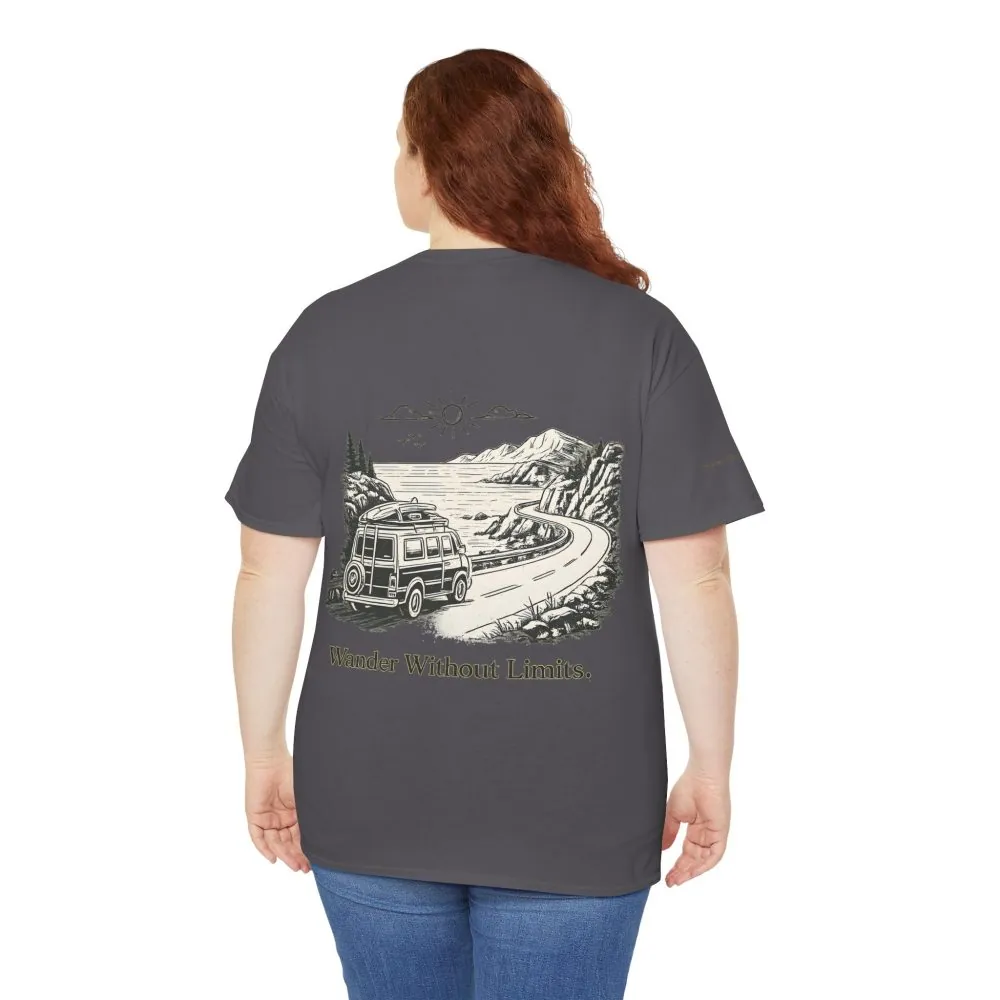 Unisex Heavy Cotton Tee — "Wander Without Limits" Design Minimal-Line