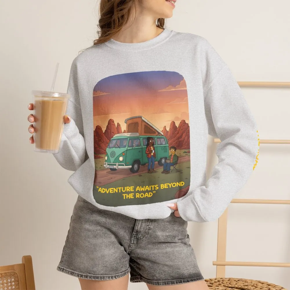 16211026960674083598_2048.jpeg Unisex Heavy Blend™ Crewneck Sweatshirt — "Adventure Awaits Beyond The Road" Design Sitcom-Line