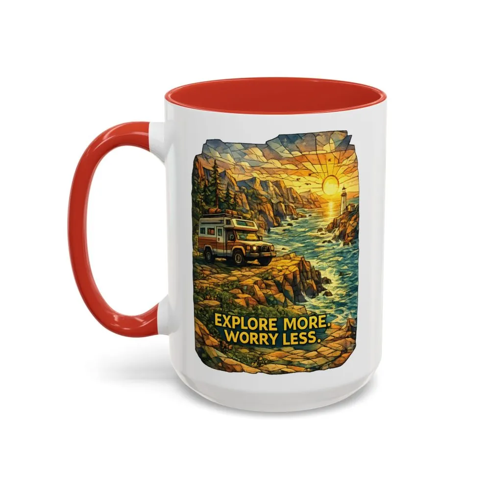 Accent Coffee Mug (11, 15oz) — "Explore More Worry Less" Design Cubic-Line