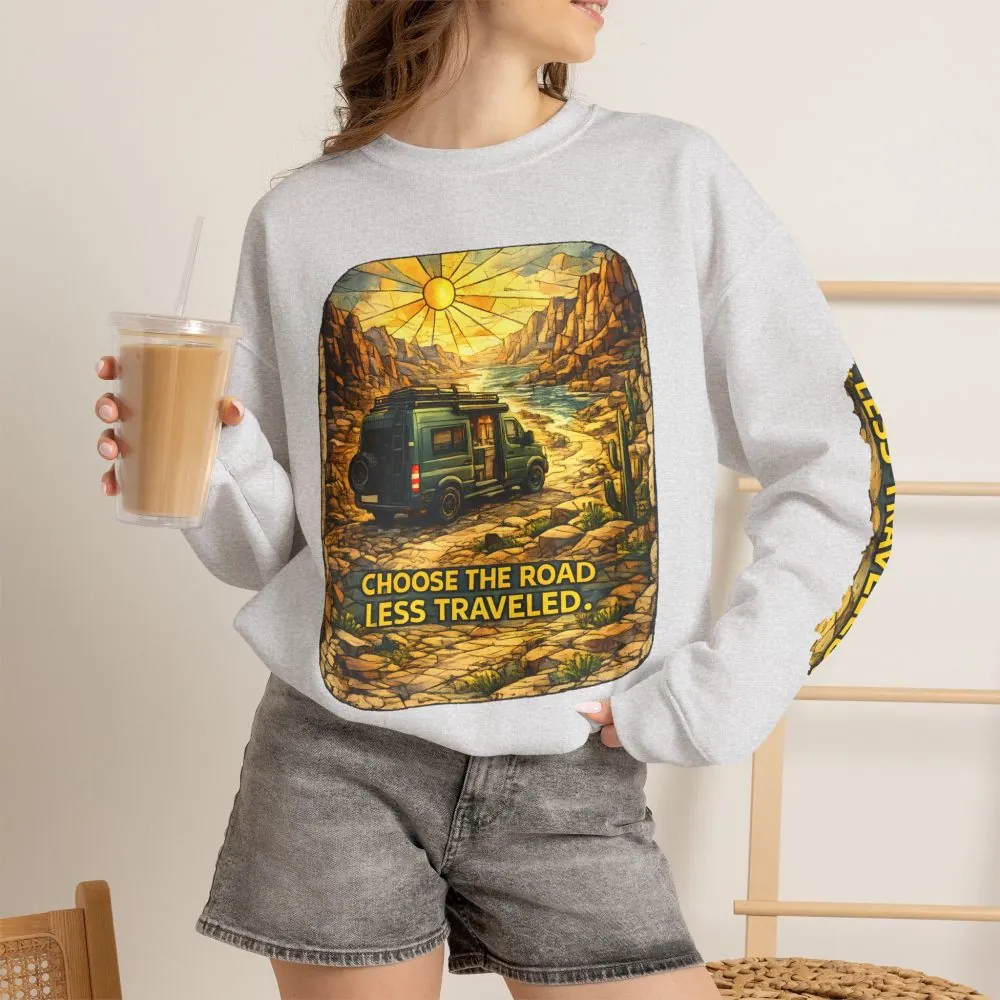 Unisex Heavy Blend™ Crewneck Sweatshirt — "Choose The Road Less Traveled" Design Cubic-Line