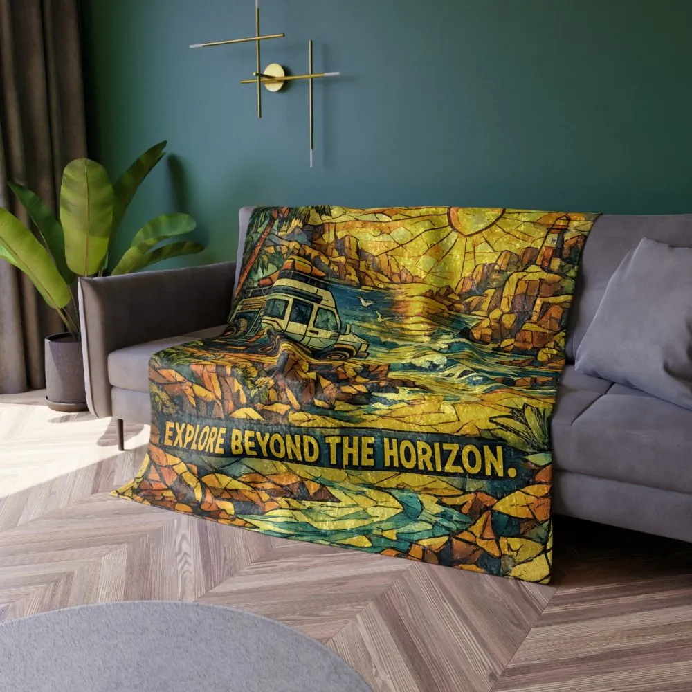 Crushed Velvet Blanket —"Explore Beyond The Horizon" Design Cubic-Line(Campervan)
