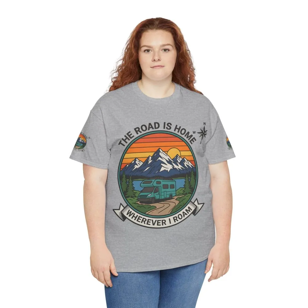 Unisex Heavy Cotton Tee  — 'The Road Is Home, Wherever I Roam' Retro Camper Tee
