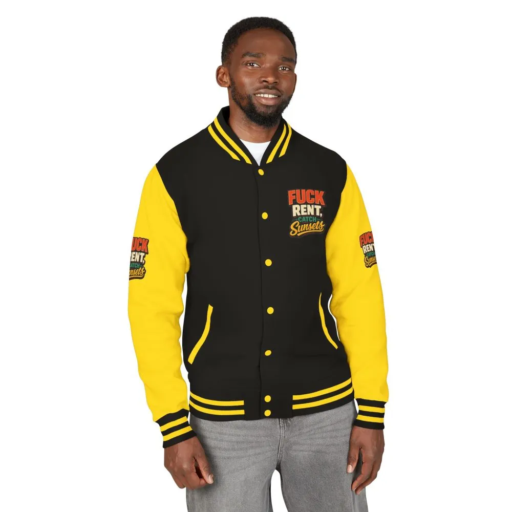 Unisex Heavyweight Letterman Jacket — "Fuck Rent Catch Sunsets" Design F**K-Line