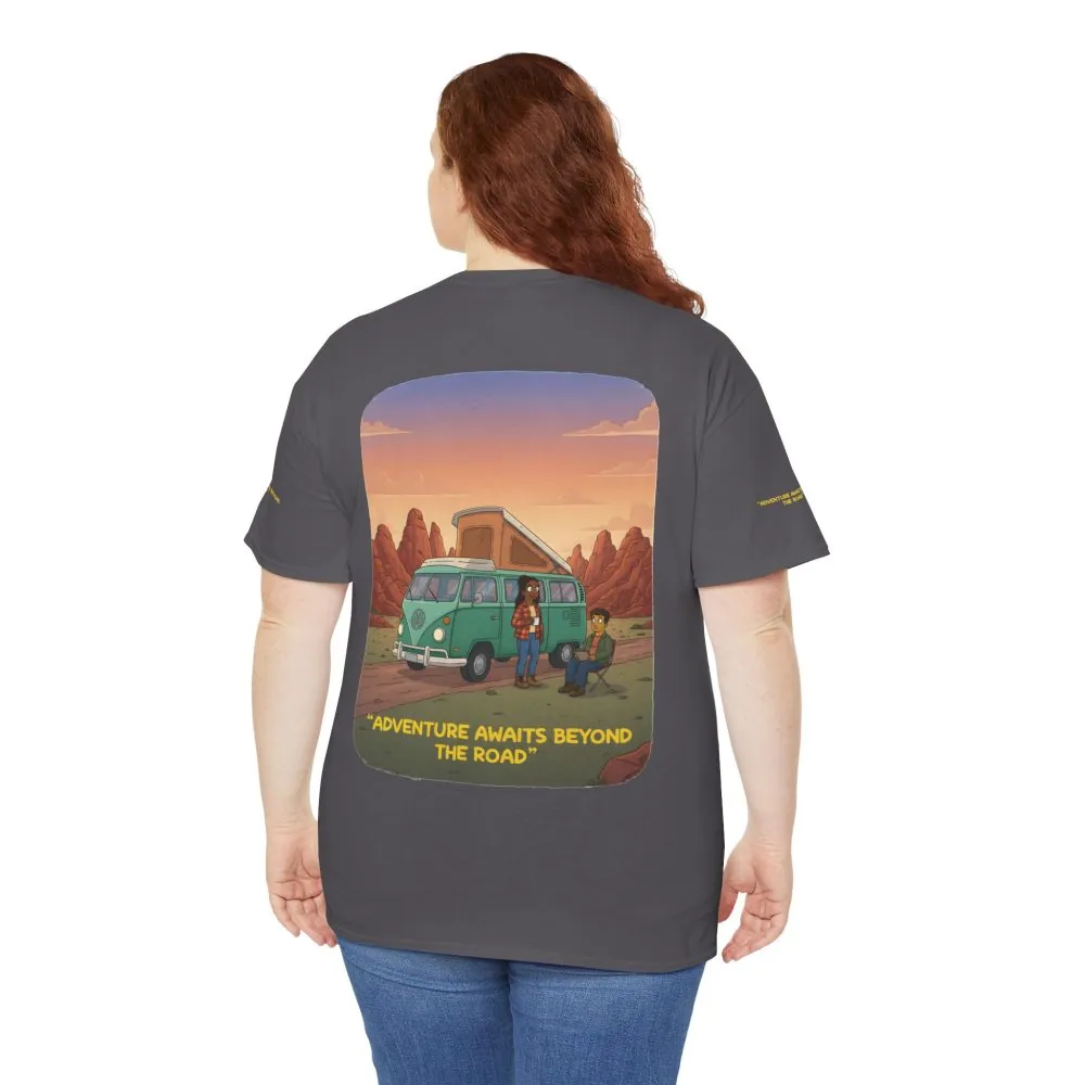 Unisex Heavy Cotton Tee — "Adventure Awaits Beyond The Road" Design Sitcom-Line
