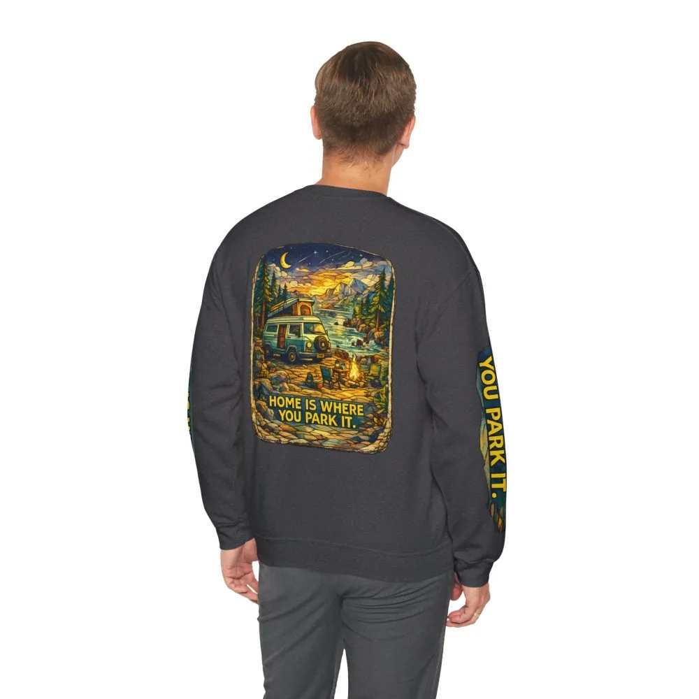 Unisex Heavy Blend™ Crewneck Sweatshirt — "Home Is Where You Park It" Design Cubic-Line