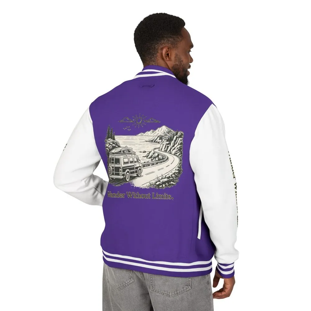 Unisex Heavyweight Letterman Jacket — "Wander Without Limits" Travel Varsity Coat