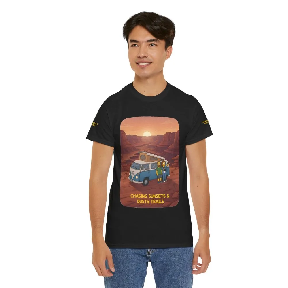 Unisex Heavy Cotton Tee — "Chasing Sunsets And Dusty Trails" Design Sitcom-Line