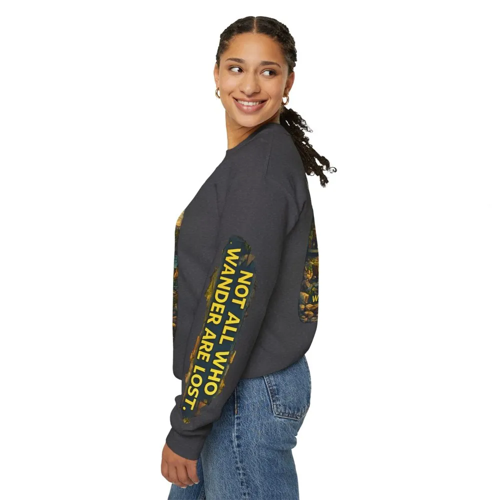 Unisex Heavy Blend™ Crewneck Sweatshirt — "Not All Who Wander Are Lost" Design Cubic-Line