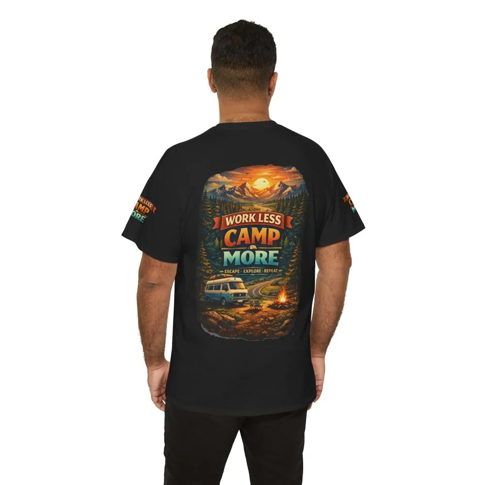 Unisex Heavy Cotton Tee — "Work Less Camp More" Design Scenic-Line