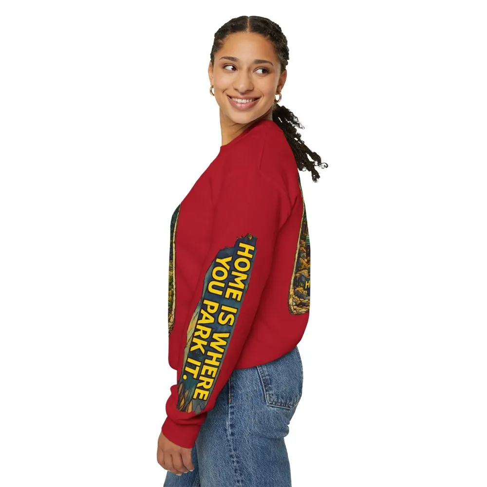 Unisex Heavy Blend™ Crewneck Sweatshirt — "Home Is Where You Park It" Design Cubic-Line