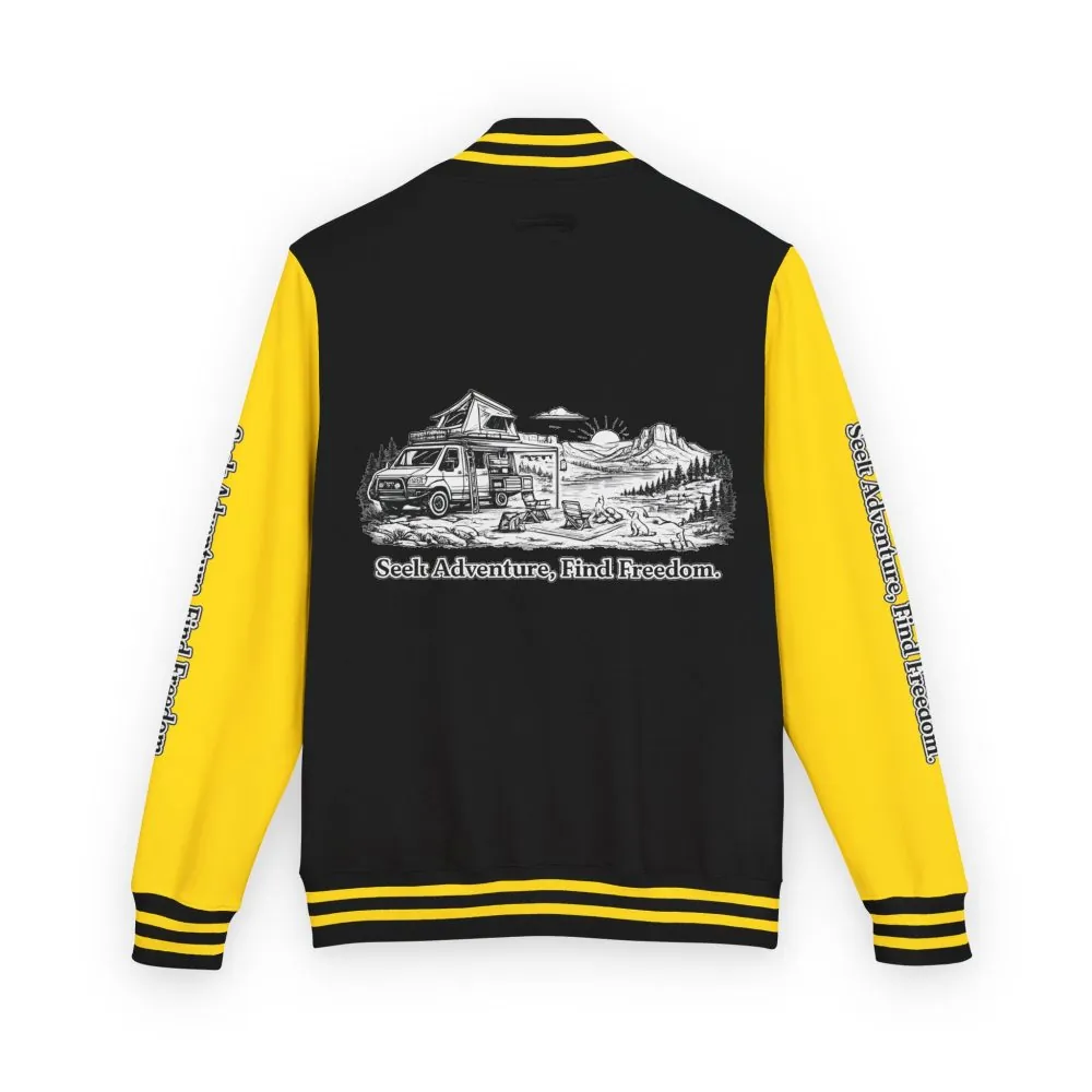 16368078328855276279_2048.jpeg Unisex Heavyweight Letterman Jacket — "Seek Adventure, Find Freedom" Travel Varsity Coat