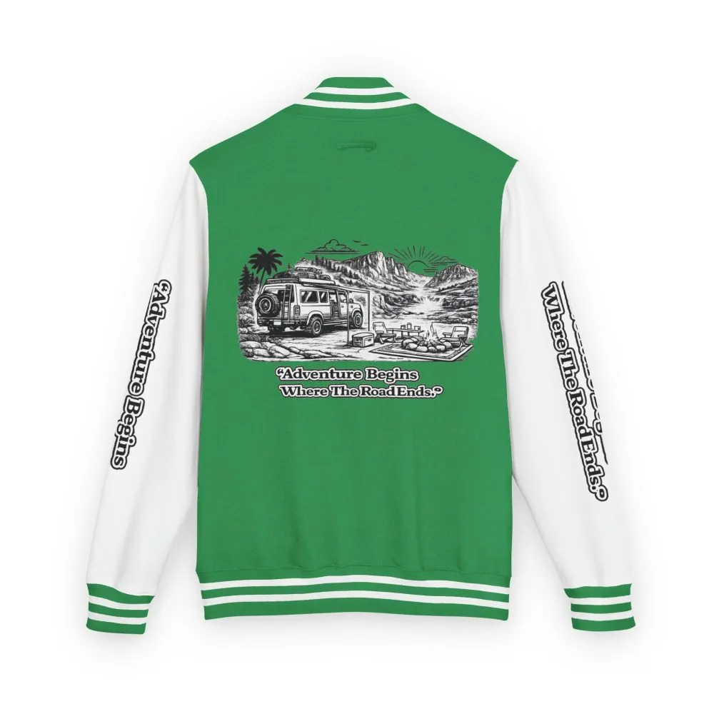 Unisex Heavyweight Letterman Jacket — "Adventure Begins Where The Road Ends" Travel Varsity Coat
