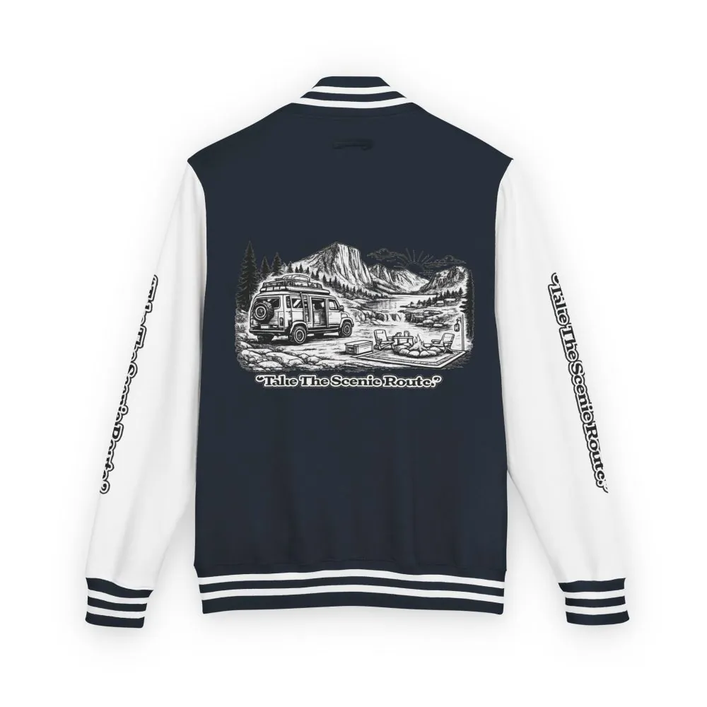 Unisex Heavyweight Letterman Jacket — "Take The Scenic Route" Travel Varsity Coat