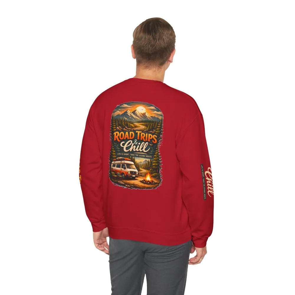 Unisex Heavy Blend™ Crewneck Sweatshirt — "Road Trips & Chill" Design Scenic-Line