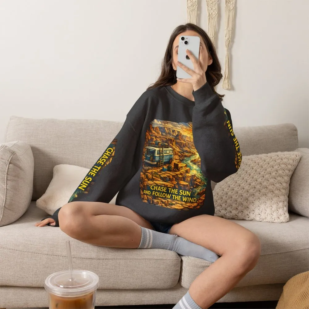 Unisex Heavy Blend™ Crewneck Sweatshirt — "Chase The Sun And Follow The Wind" Design Cubic-Line