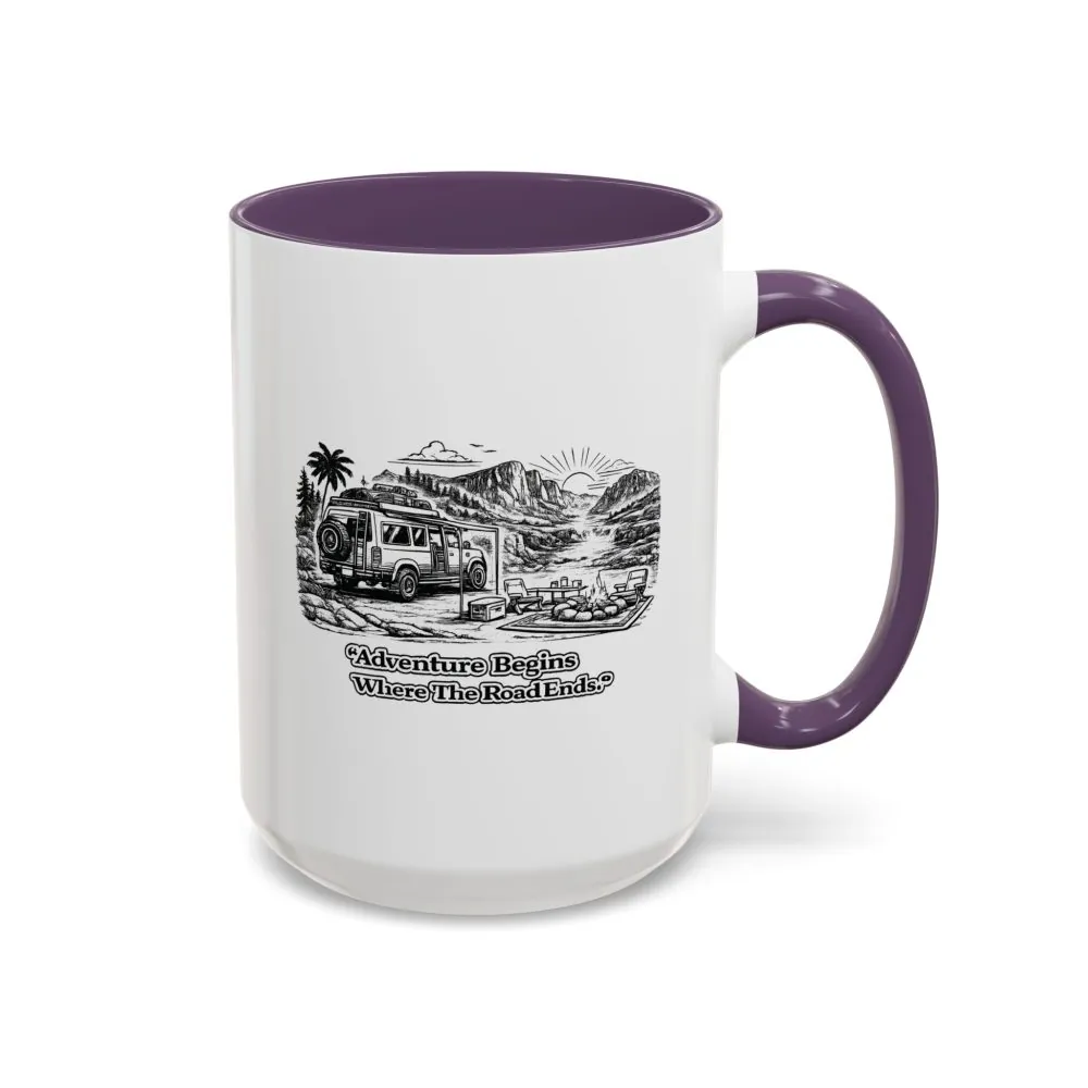Accent Coffee Mug (11, 15oz) — "Adventure Begins Where The Road Ends" Design Minimal-Line