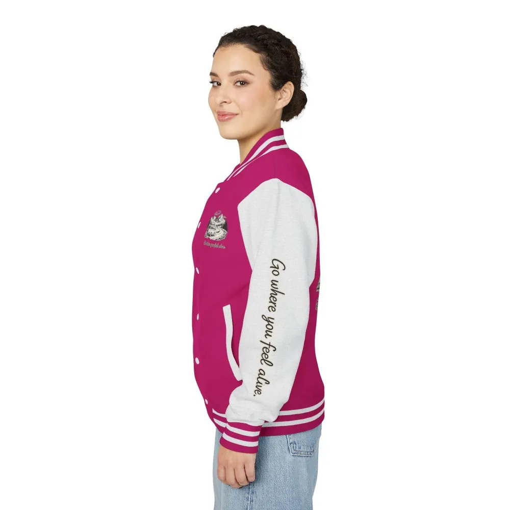 Unisex Heavyweight Letterman Jacket — "Go Where You Feel Alive" Travel Varsity Coat