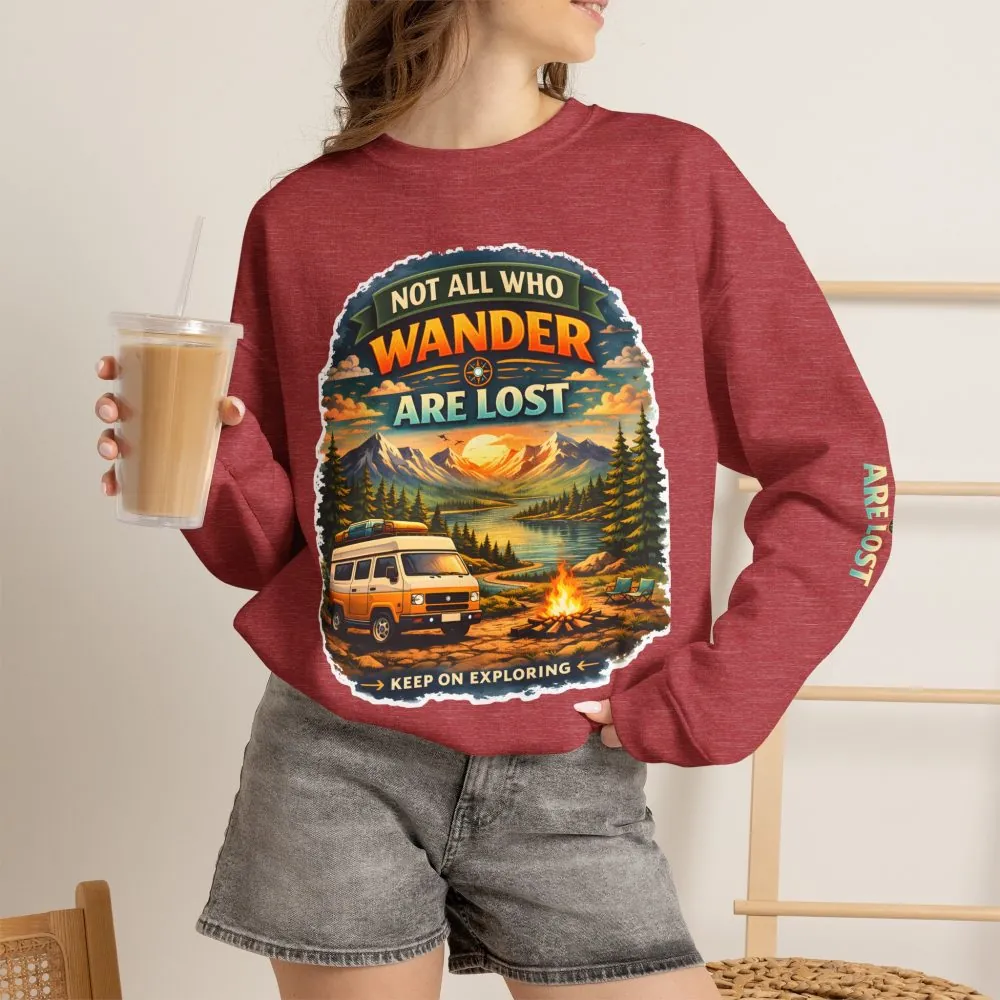 Unisex Heavy Blend™ Crewneck Sweatshirt — "Not All Who Wander Are Lost" Design Scenic-Line