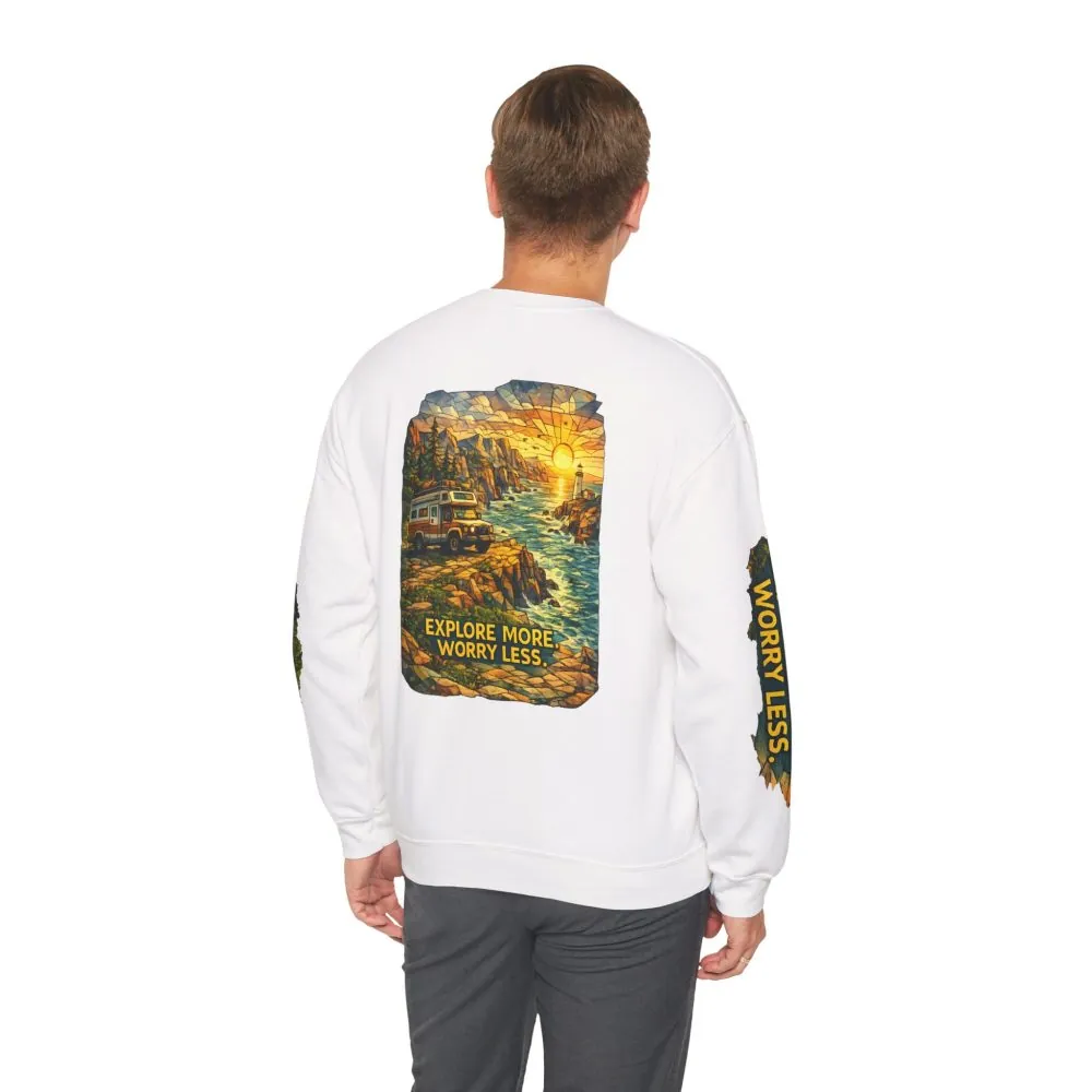 Unisex Heavy Blend™ Crewneck Sweatshirt — "Explore More Worry Less" Design Cubic-Line