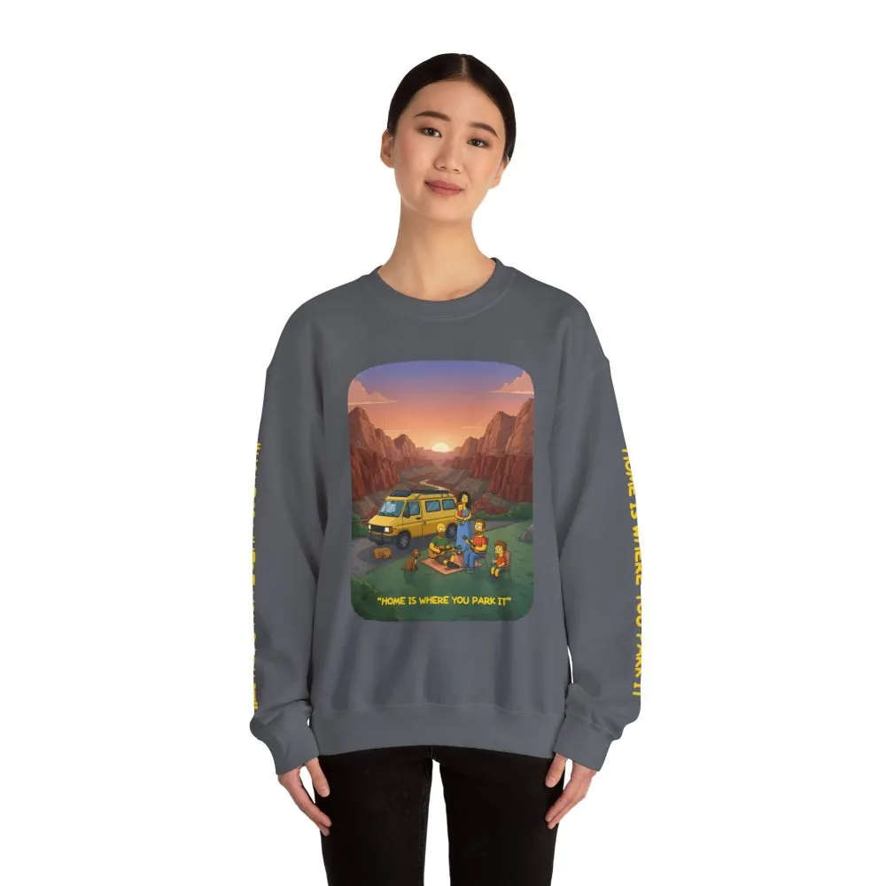 Unisex Heavy Blend™ Crewneck Sweatshirt — "Home Is Where You Park It" Design Sitcom-Line