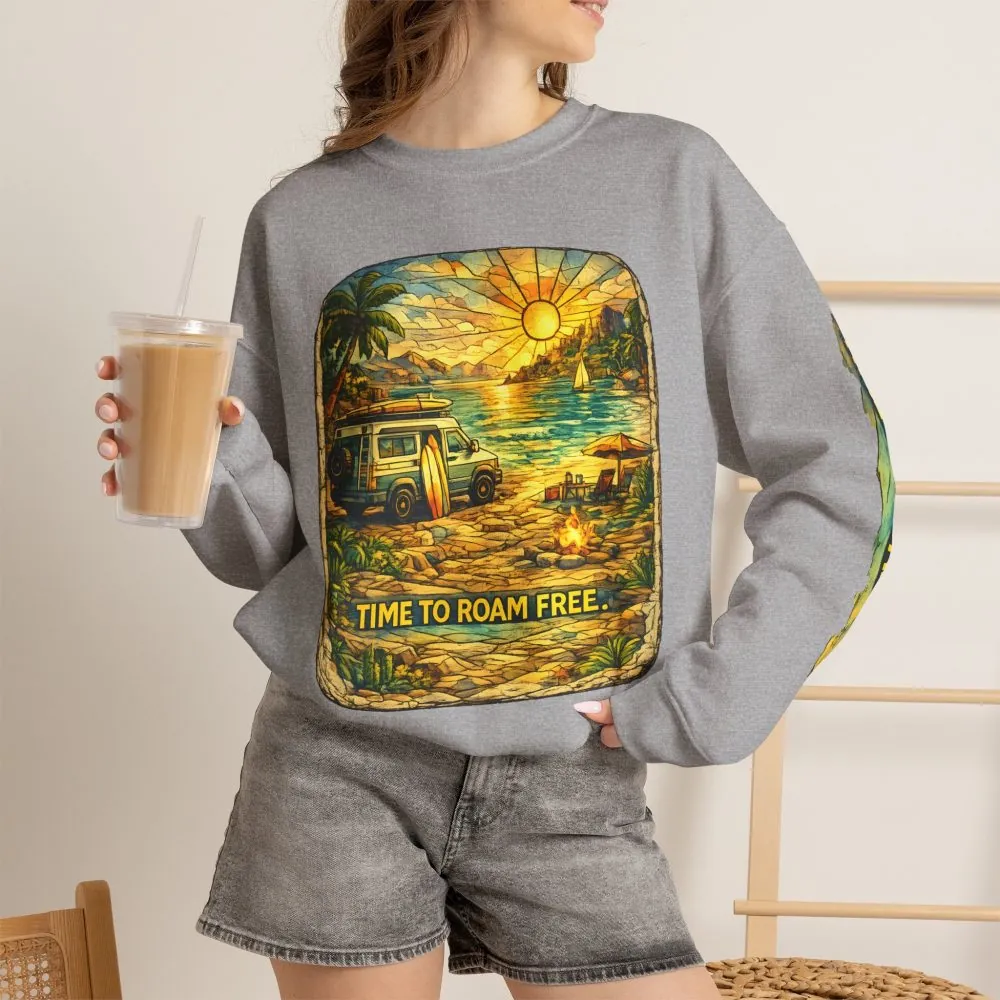 Unisex Heavy Blend™ Crewneck Sweatshirt — "Time To Roam Free" Design Cubic-Line