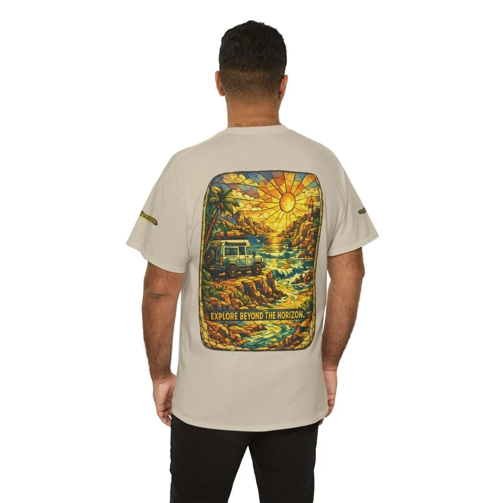 Unisex Heavy Cotton Tee — "Explore Beyond The Horizon" Design Cubic-Line
