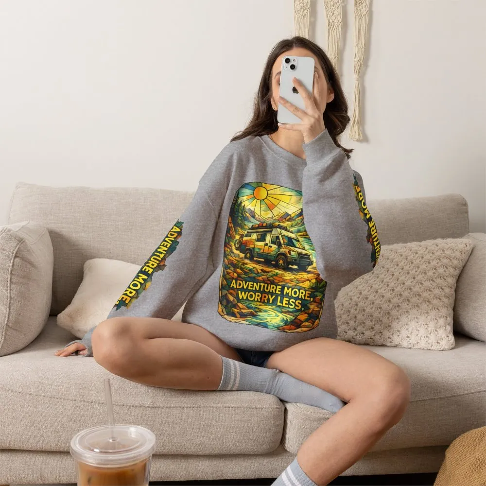 Unisex Heavy Blend™ Crewneck Sweatshirt — "Adventure More Worry Less" Design Cubic-Line