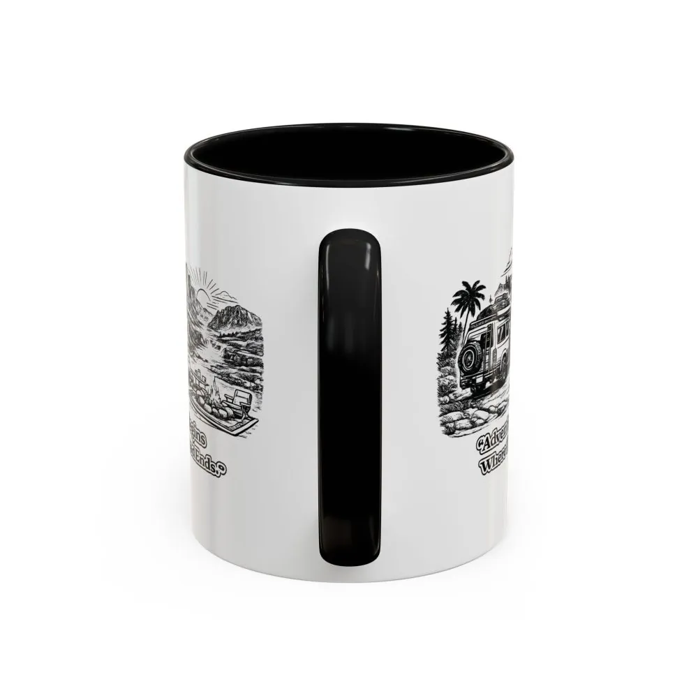 Accent Coffee Mug (11, 15oz) — "Adventure Begins Where The Road Ends" Design Minimal-Line