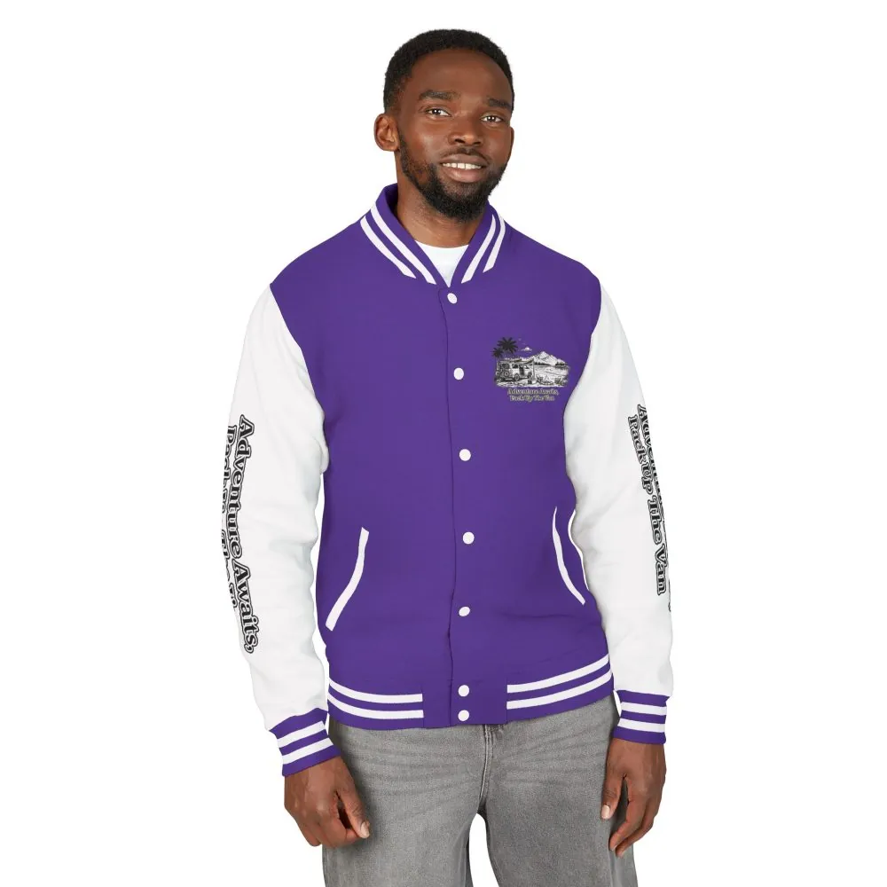 Unisex Heavyweight Letterman Jacket — "Adventure Awaits,Pack Up The Van" Travel Varsity Coat