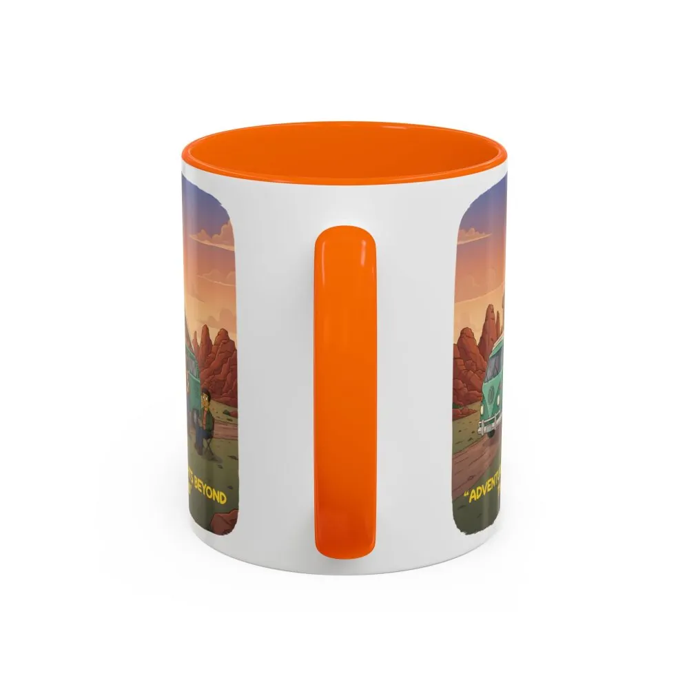 Accent Coffee Mug (11, 15oz) — "Adventure Awaits Beyond The Road" Design Sitcom-Line