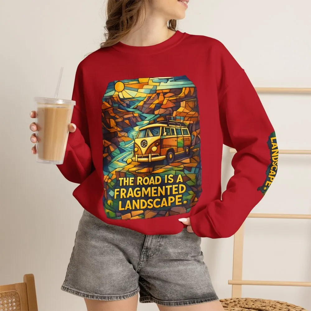 Unisex Heavy Blend™ Crewneck Sweatshirt — "The Road Is A Fragmented Landscape" Design Cubic-Line