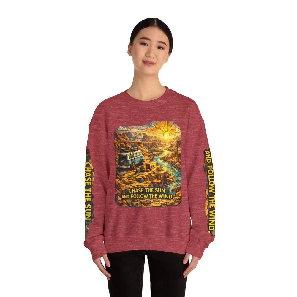 Unisex Heavy Blend™ Crewneck Sweatshirt — "Chase The Sun And Follow The Wind" Design Cubic-Line