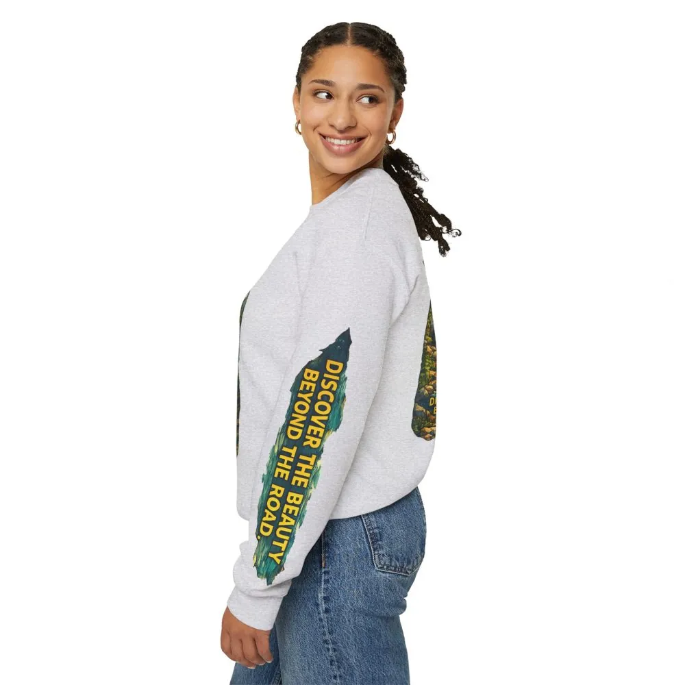 Unisex Heavy Blend™ Crewneck Sweatshirt — "Discover The Bieuty Beyond The Road" Design Cubic-Line