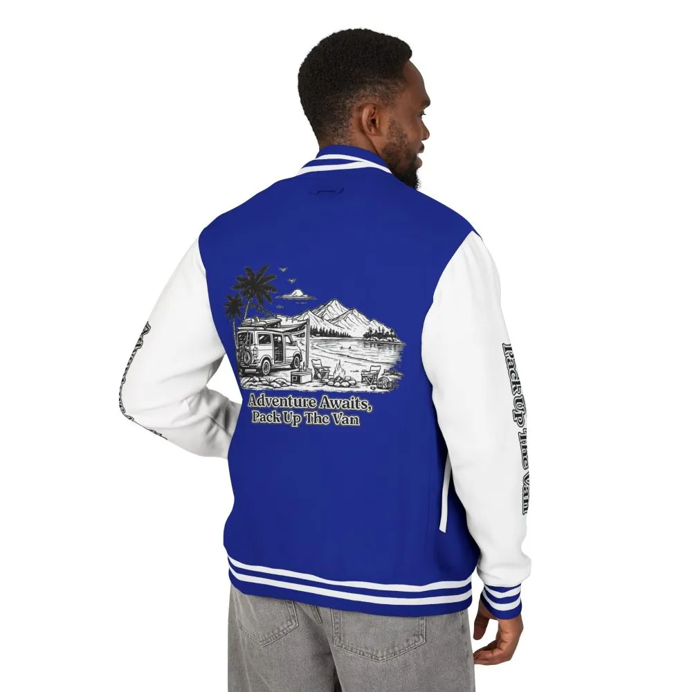 Unisex Heavyweight Letterman Jacket — "Adventure Awaits,Pack Up The Van" Travel Varsity Coat