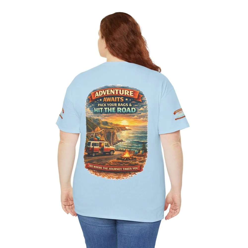Unisex Heavy Cotton Tee — "Adventure Awaits-Pack Your Bags" Design Scenic-Line