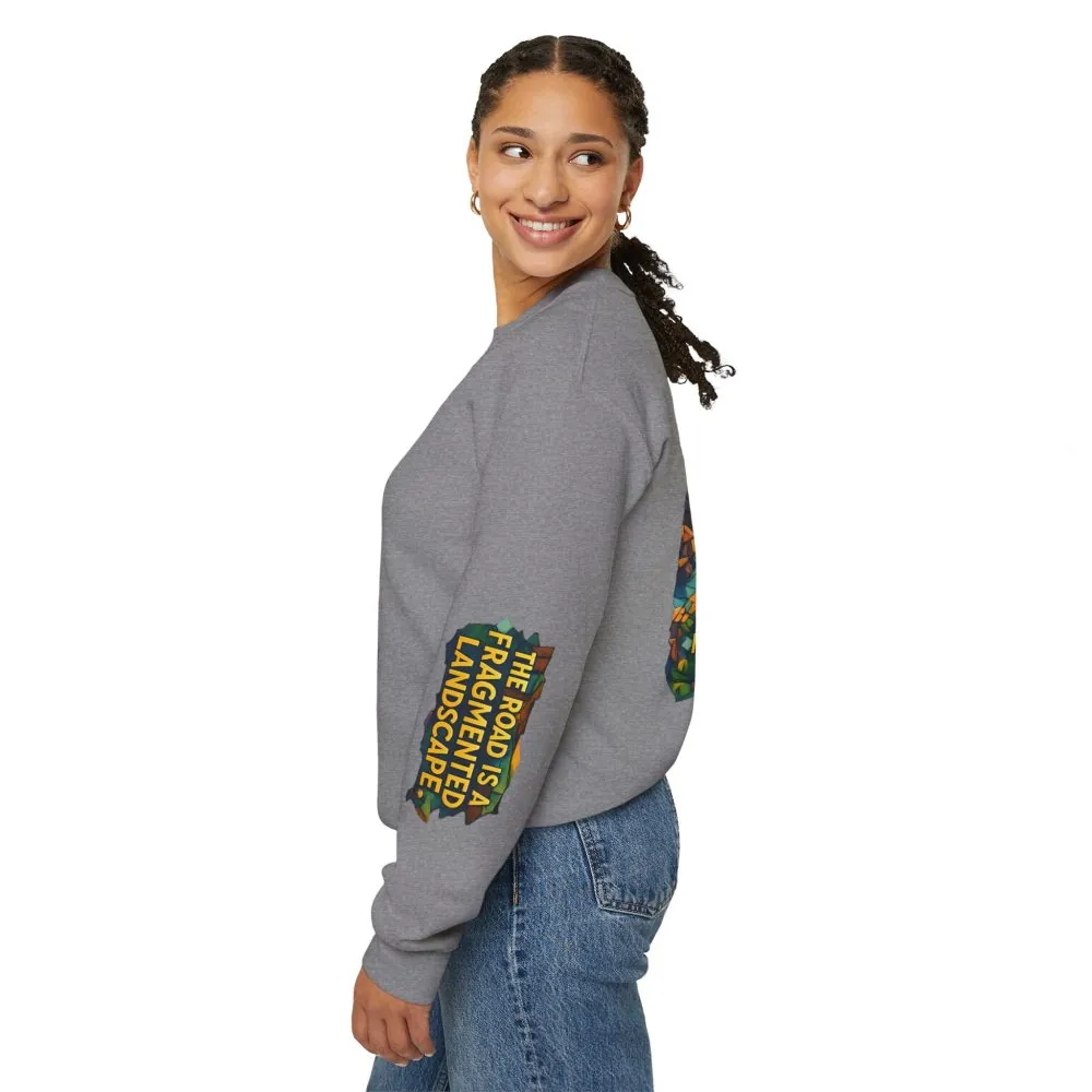 Unisex Heavy Blend™ Crewneck Sweatshirt — "The Road Is A Fragmented Landscape" Design Cubic-Line